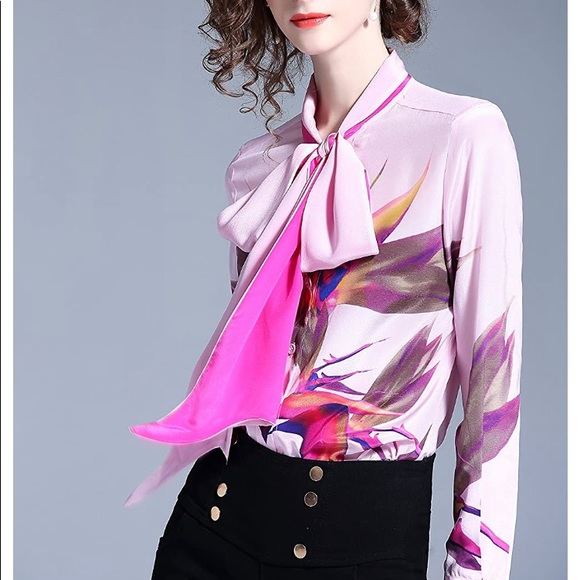 Five Cats Tops - NWT Five Cats Tropical Flower Purple Pussy Bow Blouse Sz M =Sz 4/6